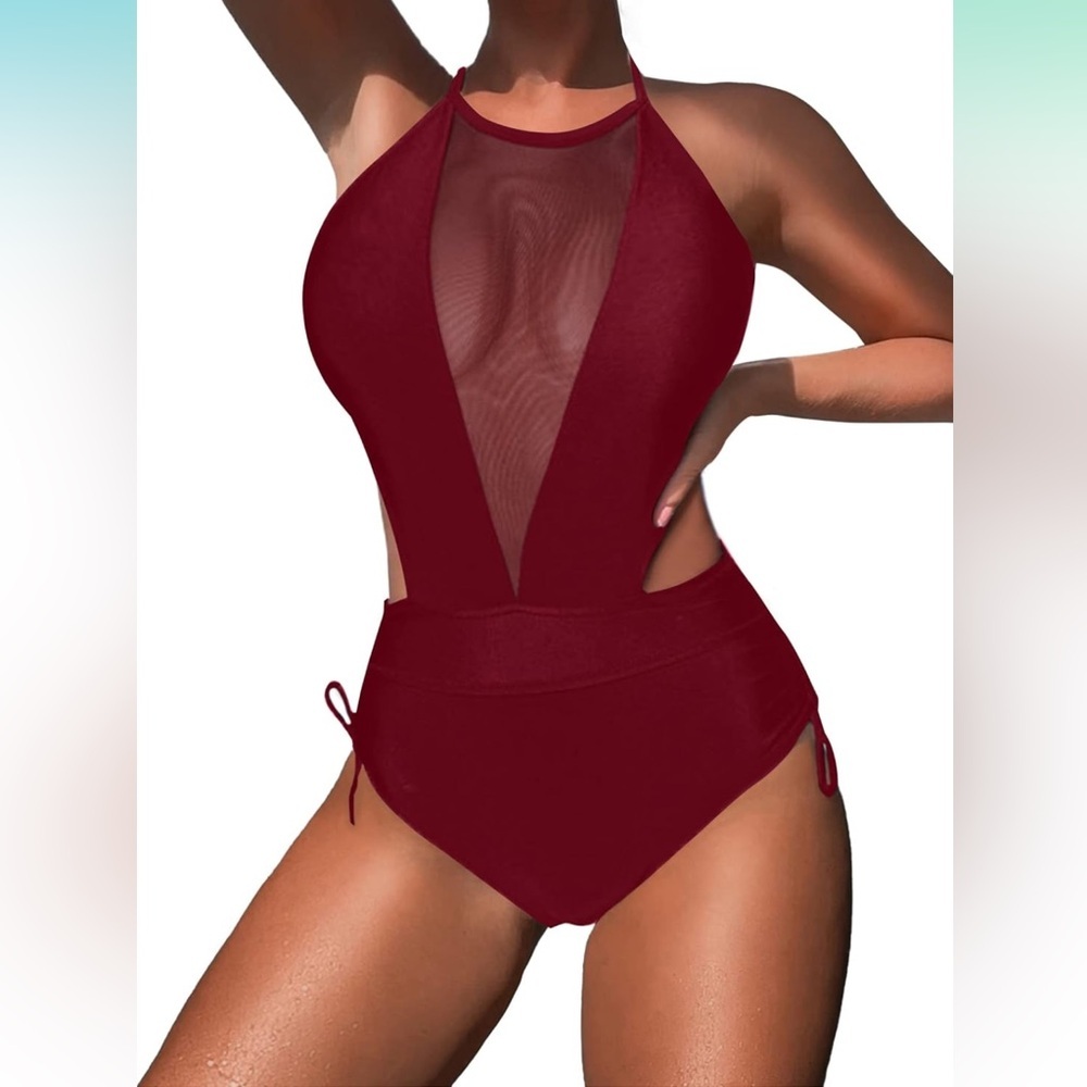 AI'MAGE One Piece Mesh High Neck‎ Halter Monokinis Drawstring SideSwimsuit NEW💕